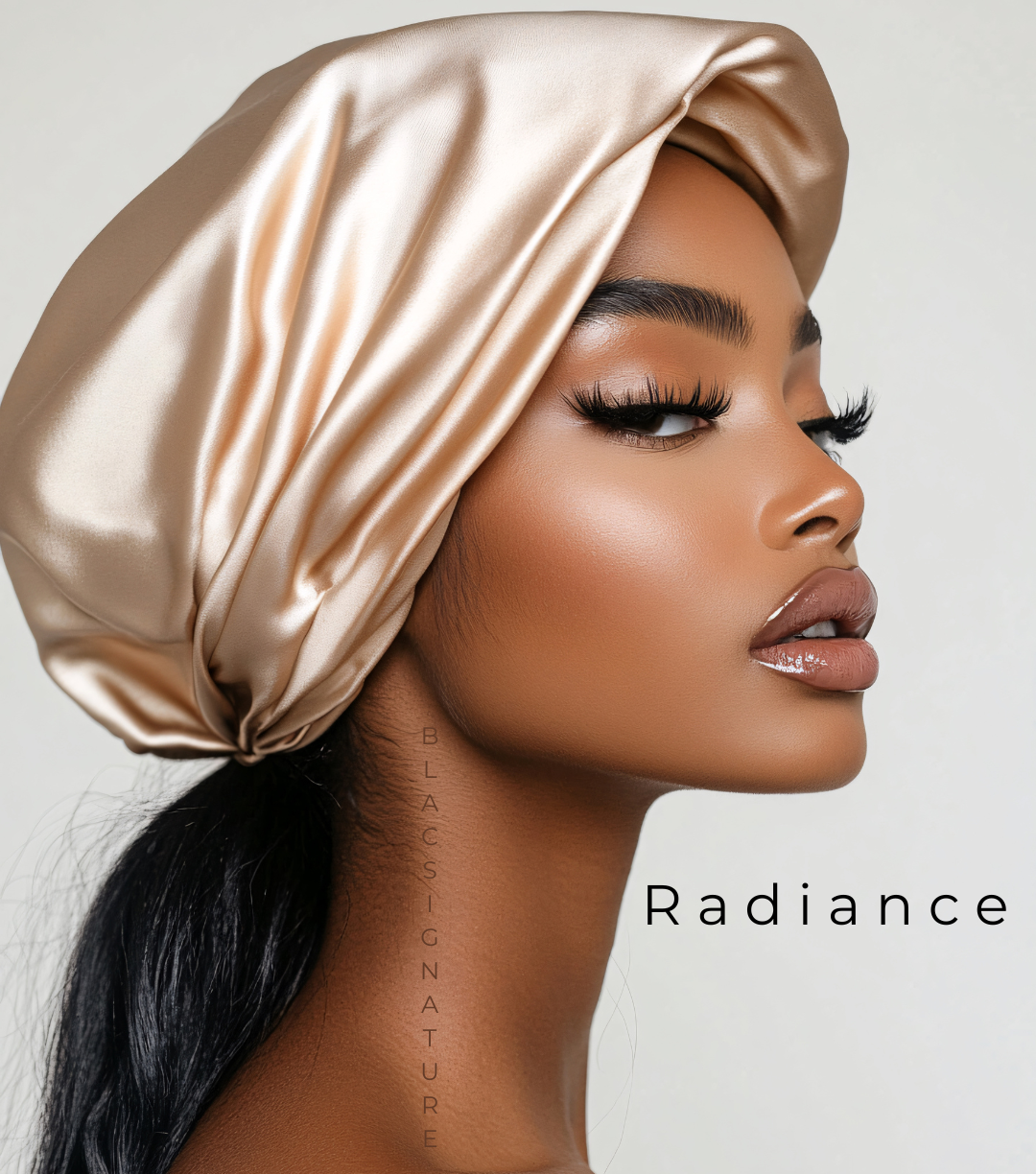 Woman wearing a satin headscarf with 'Radiance' branding on a neutral background