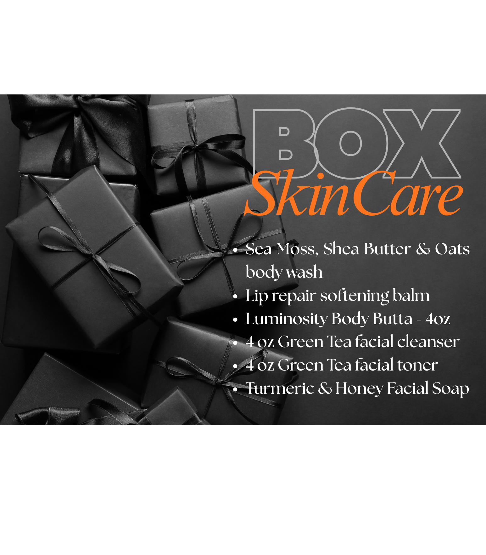 Box of skincare products with black boxes and text on a white background